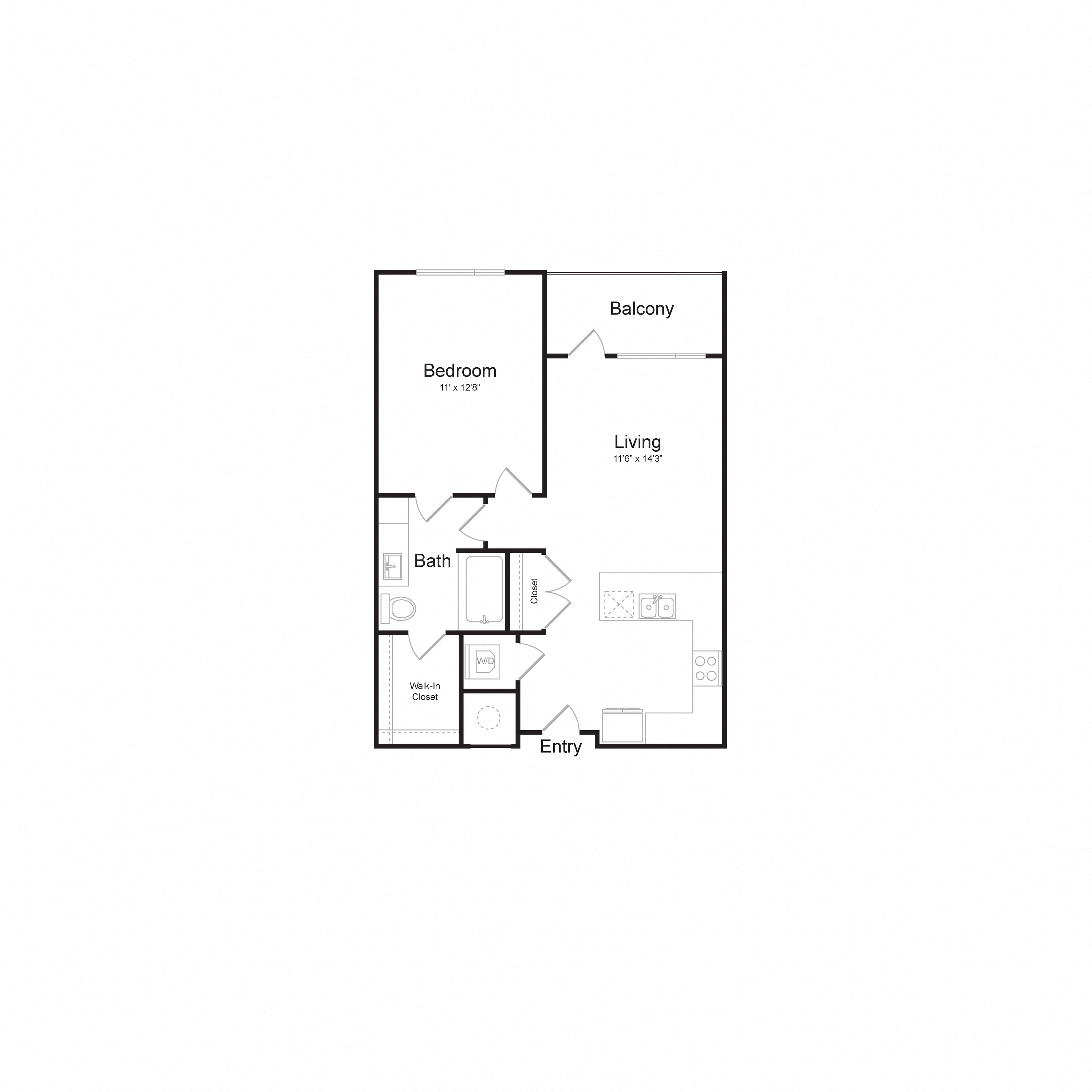 Floor plan for 1 bed, 1 bath, 739 sqft